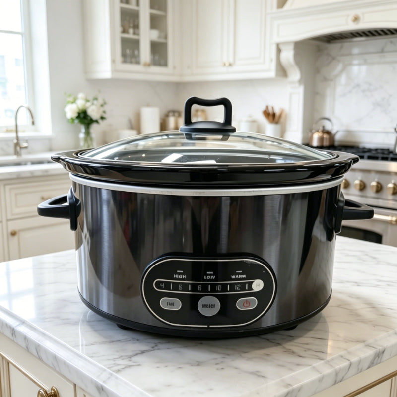 Black digital slow cooker with glass lid on a marble counter