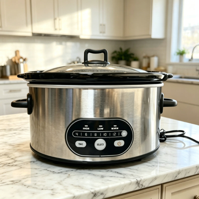 Silver digital slow cooker with glass lid on a marble counter