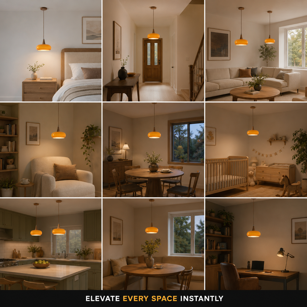 Orange pendant light shown across a nine-room grid of kitchen and dining interiors.