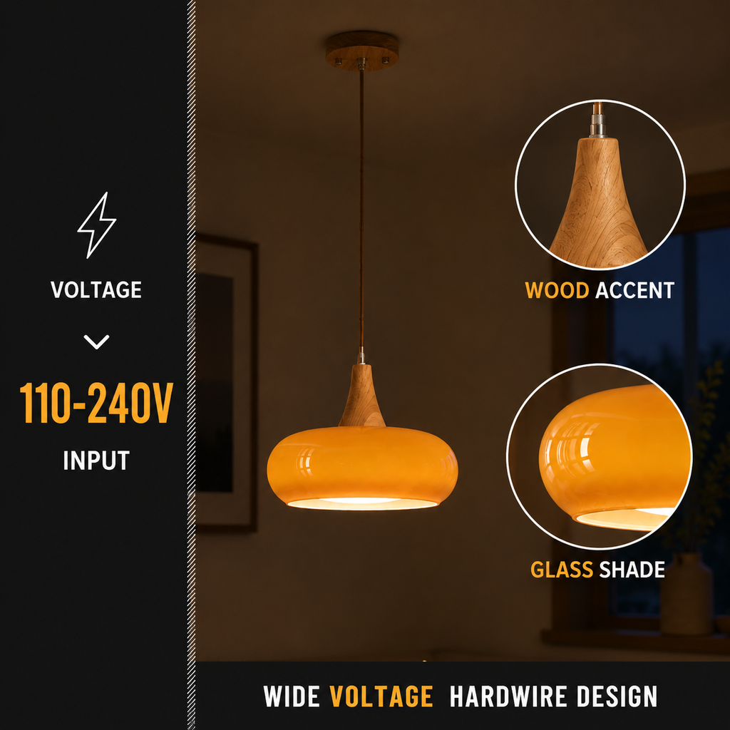 Pendant light feature graphic with voltage text and close-ups of the shade and hanging cord.