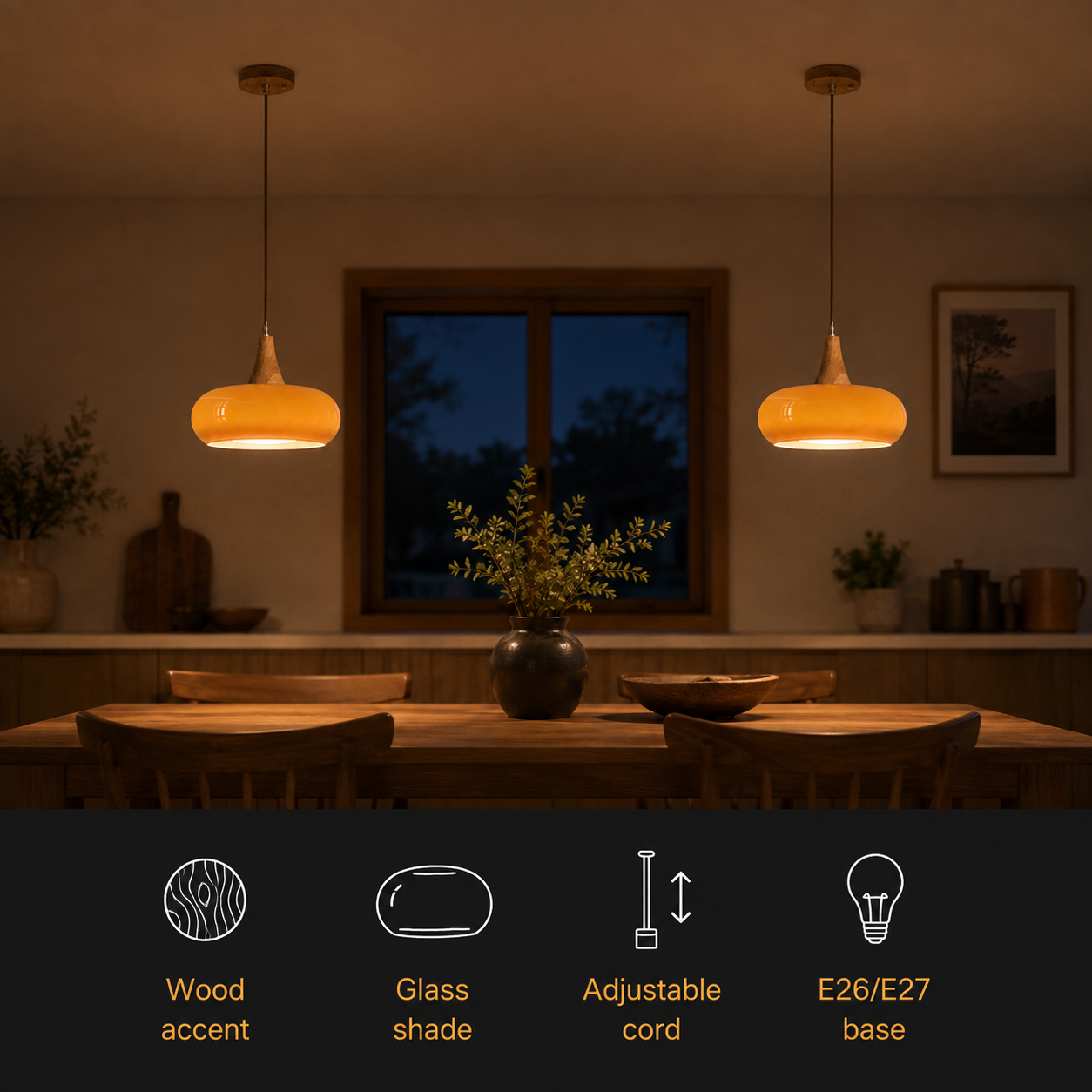 Orange pendant light glowing above a dining table with four feature icons along the bottom.