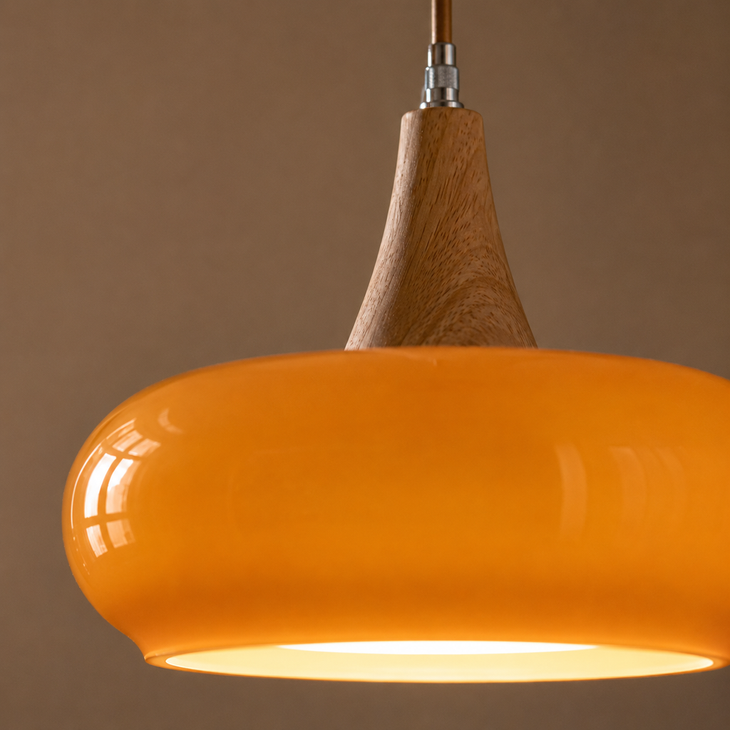 Close-up of an orange pendant light showing the glossy rounded shade and wood-look upper section.