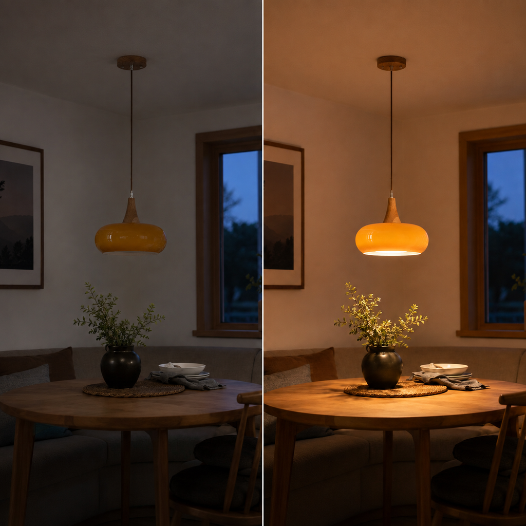 Orange pendant light shown side by side above a dining table with the fixture off and on.