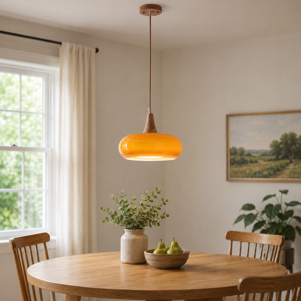 Orange pendant light hanging above a dining table in a bright room with large windows.