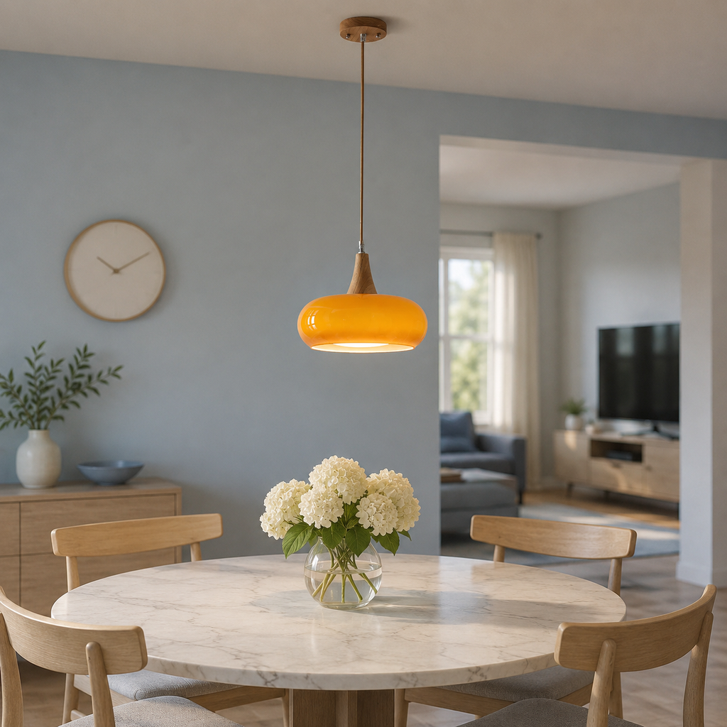 Orange pendant light hanging above a round dining table in a bright open-plan interior.