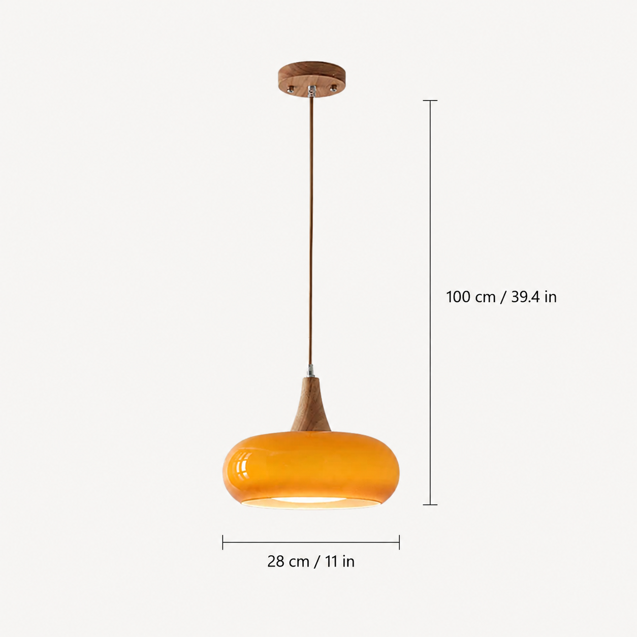 Pendant light dimensions graphic showing the fixture height and shade width.