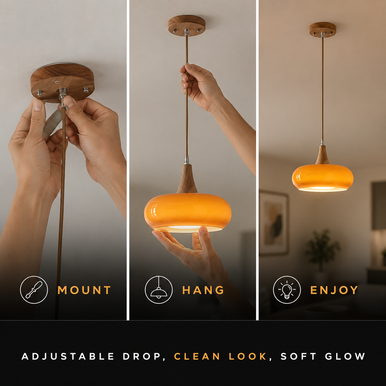 Pendant light installation sequence showing the ceiling mount, hanging cord, and assembled fixture.
