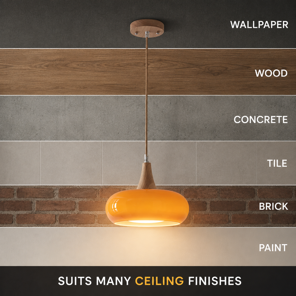Orange pendant light displayed against several labeled ceiling finishes from light to dark.