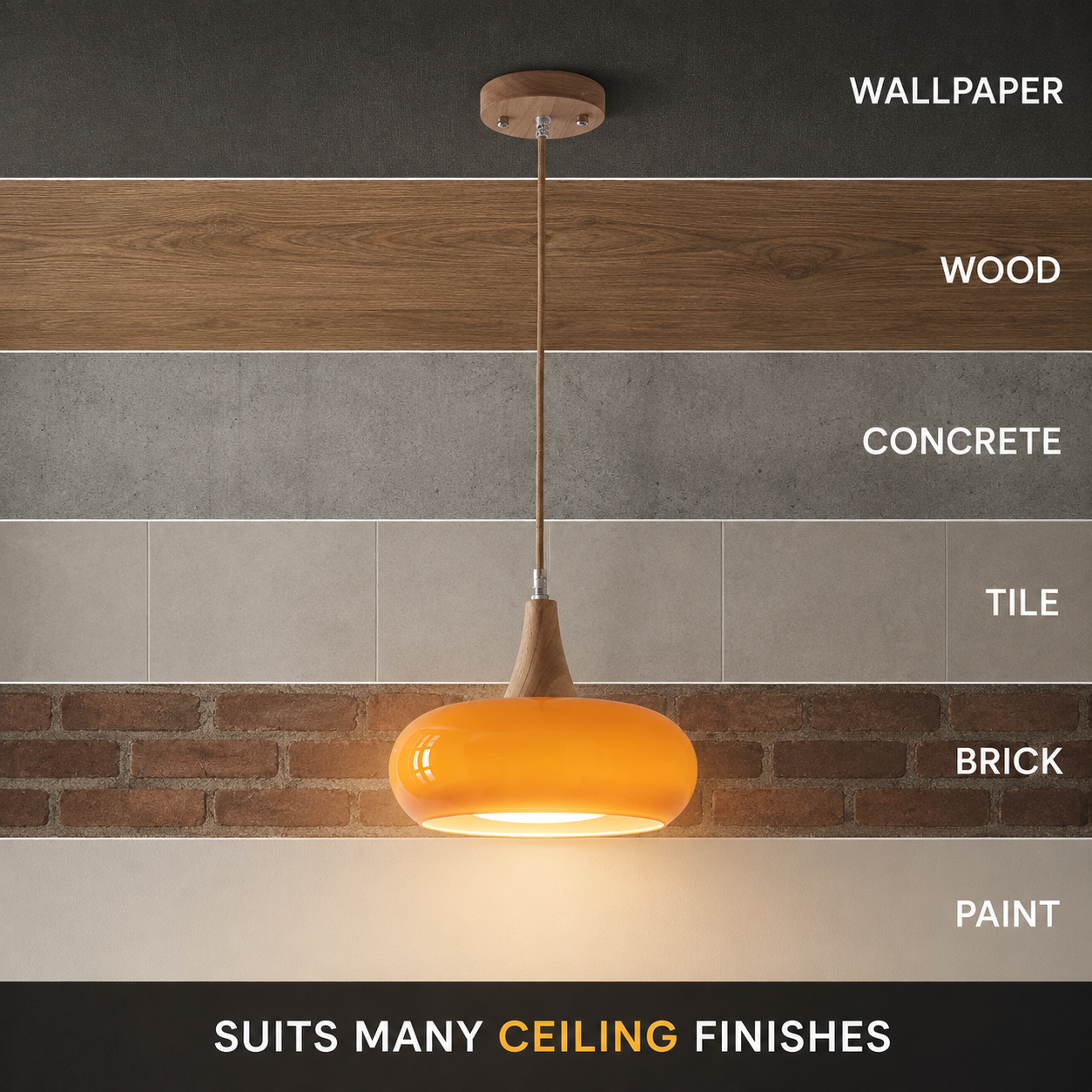 Orange pendant light displayed against several labeled ceiling finishes from light to dark.
