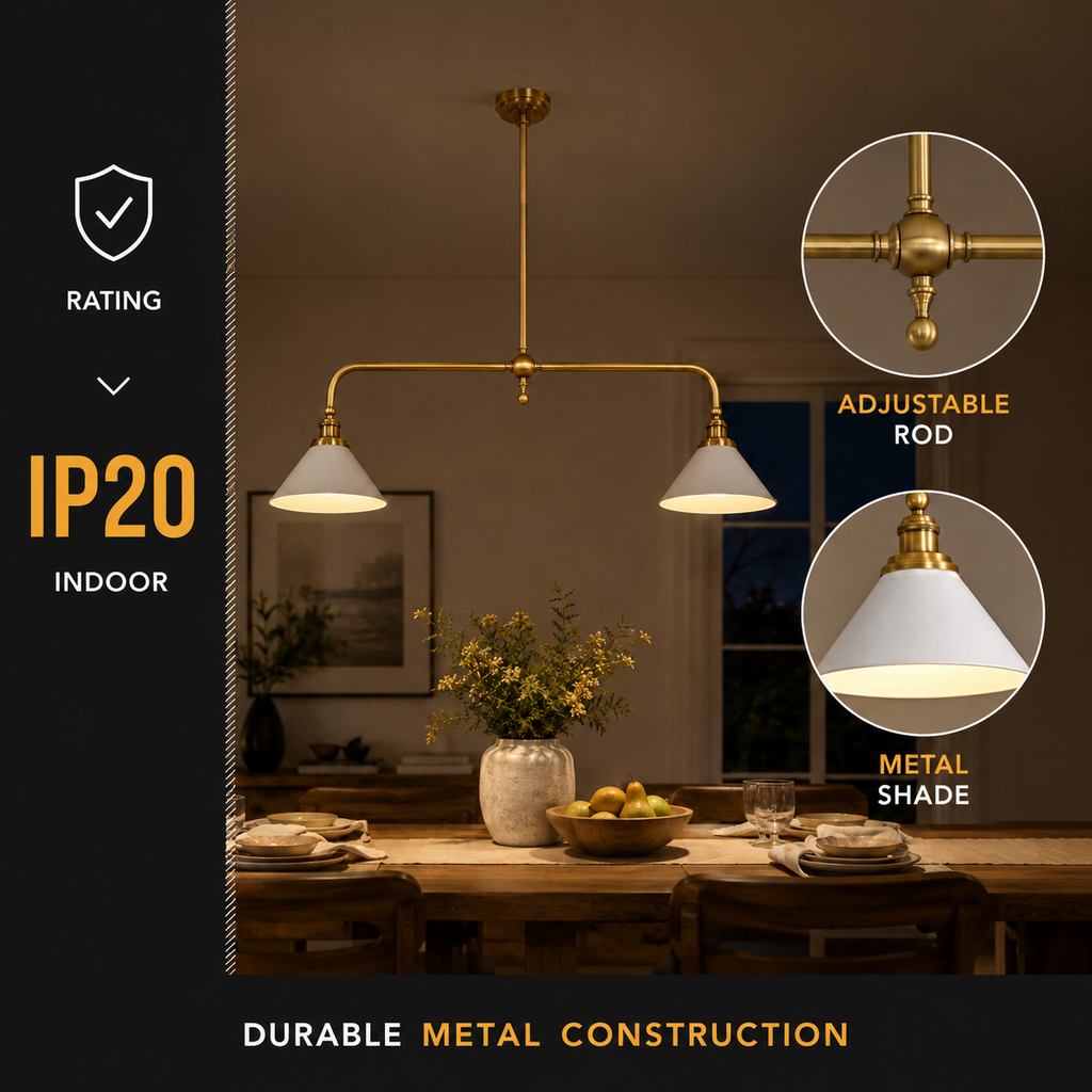 Brass two head pendant light shown with IP20, adjustable shade, and metal construction details.