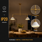 Brass two head pendant light shown with IP20, adjustable shade, and metal construction details.