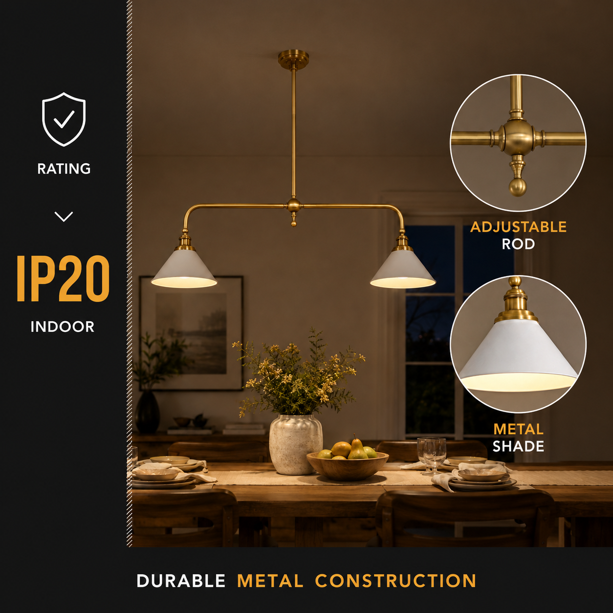Brass two head pendant light shown with IP20, adjustable shade, and metal construction details.