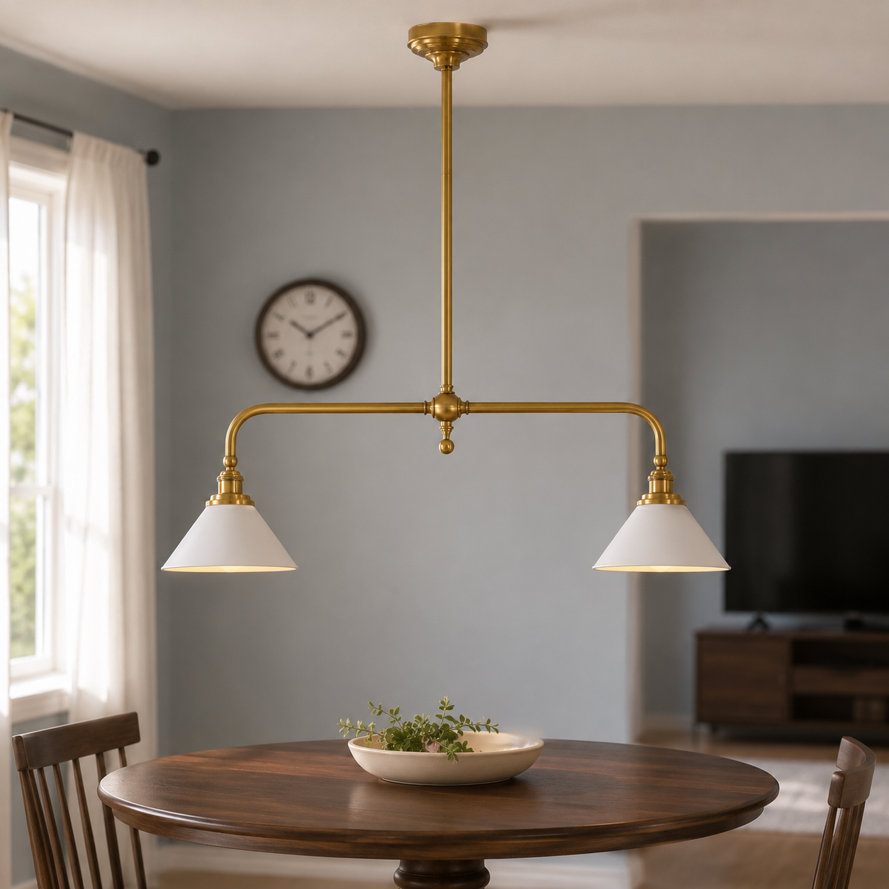 Brass two head pendant light centered above a round dining table in a bright dining room.