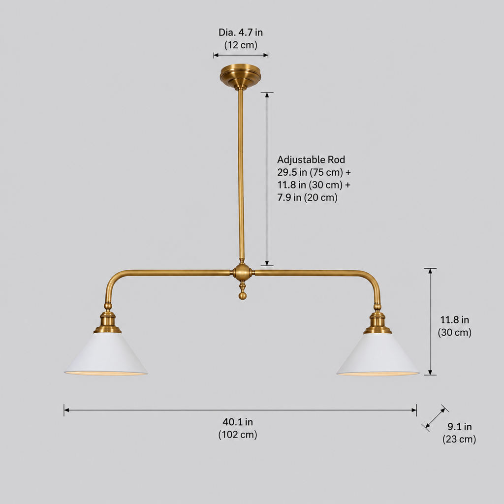 Dimension diagram of a brass two head pendant light with measurements and adjustable height details.