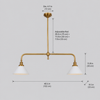 Dimension diagram of a brass two head pendant light with measurements and adjustable height details.