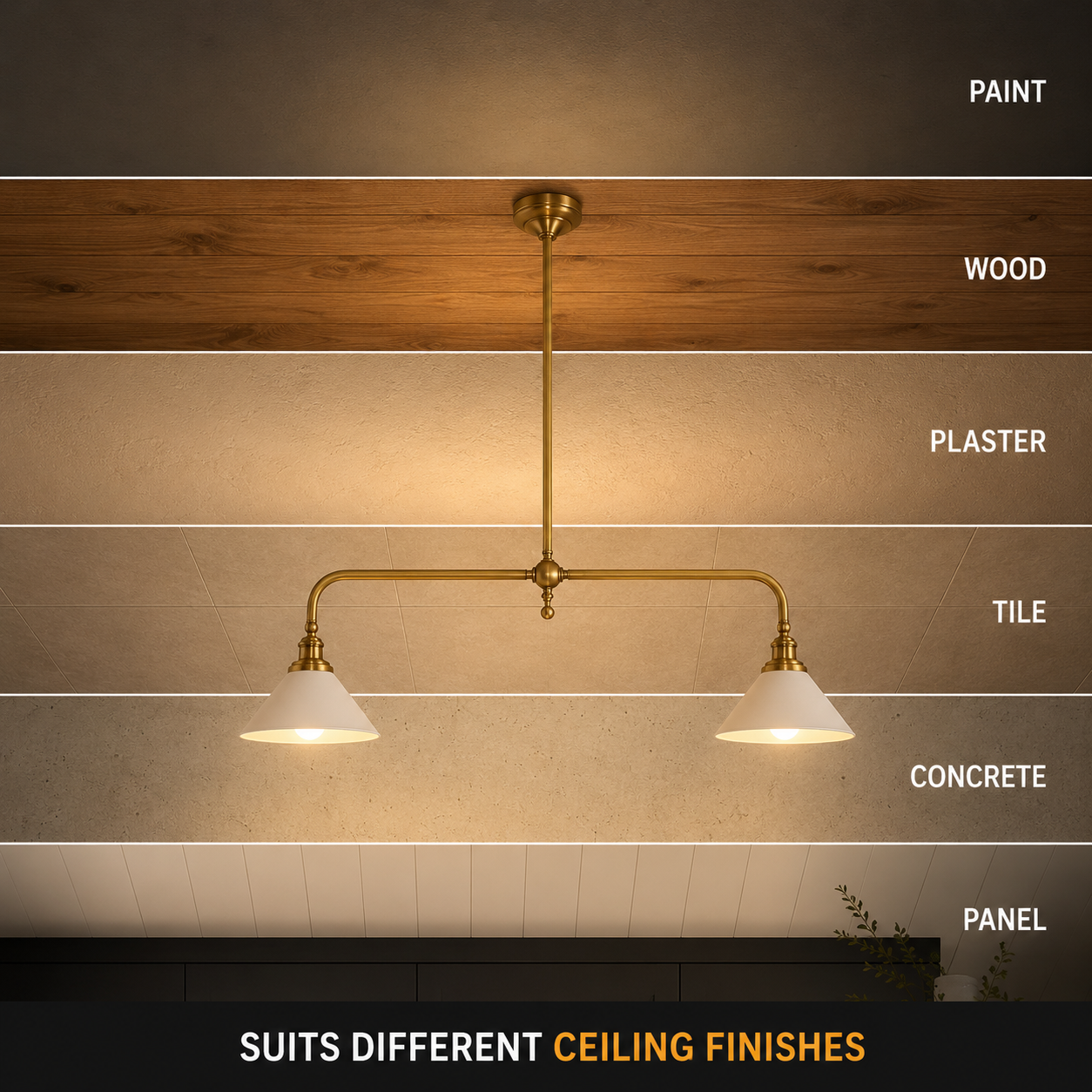 Brass two head pendant light shown beneath wood, plaster, tile, concrete, and painted ceiling finishes.