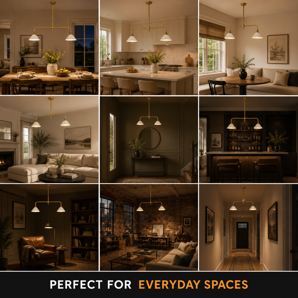 Brass two head pendant light displayed in a grid of dining rooms, kitchens, and living spaces.