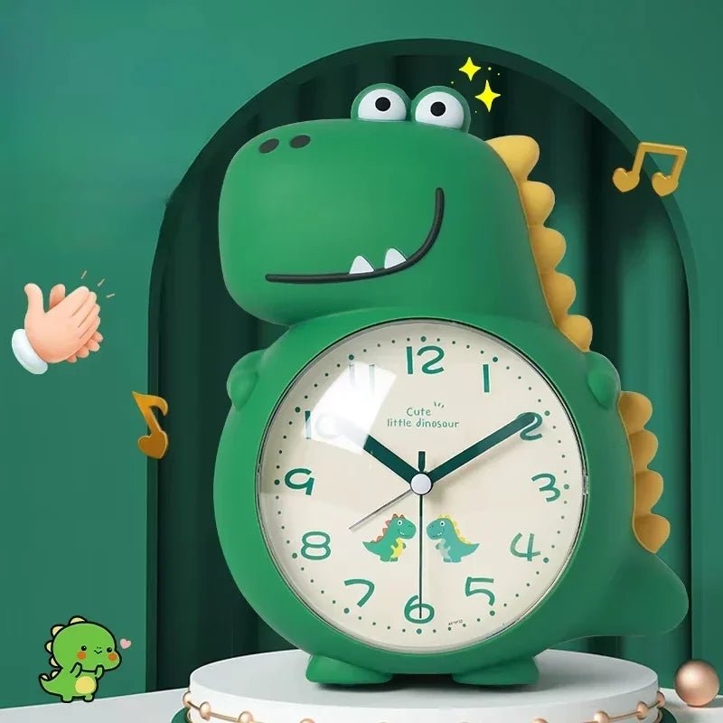 Dinosaur alarm clock in dark green glowing against an illustrated green backdrop.