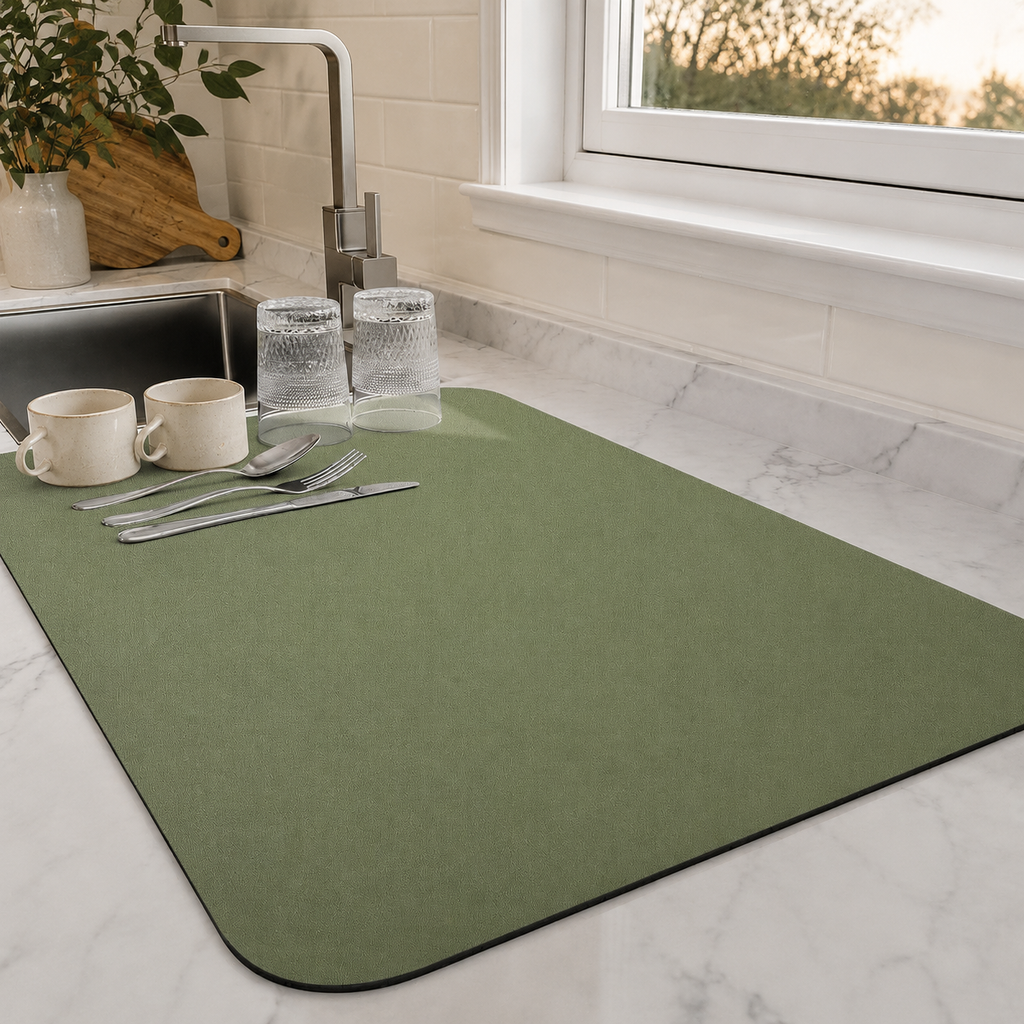 Dish drying mat in green holding cups and glasses on a pale stone counter