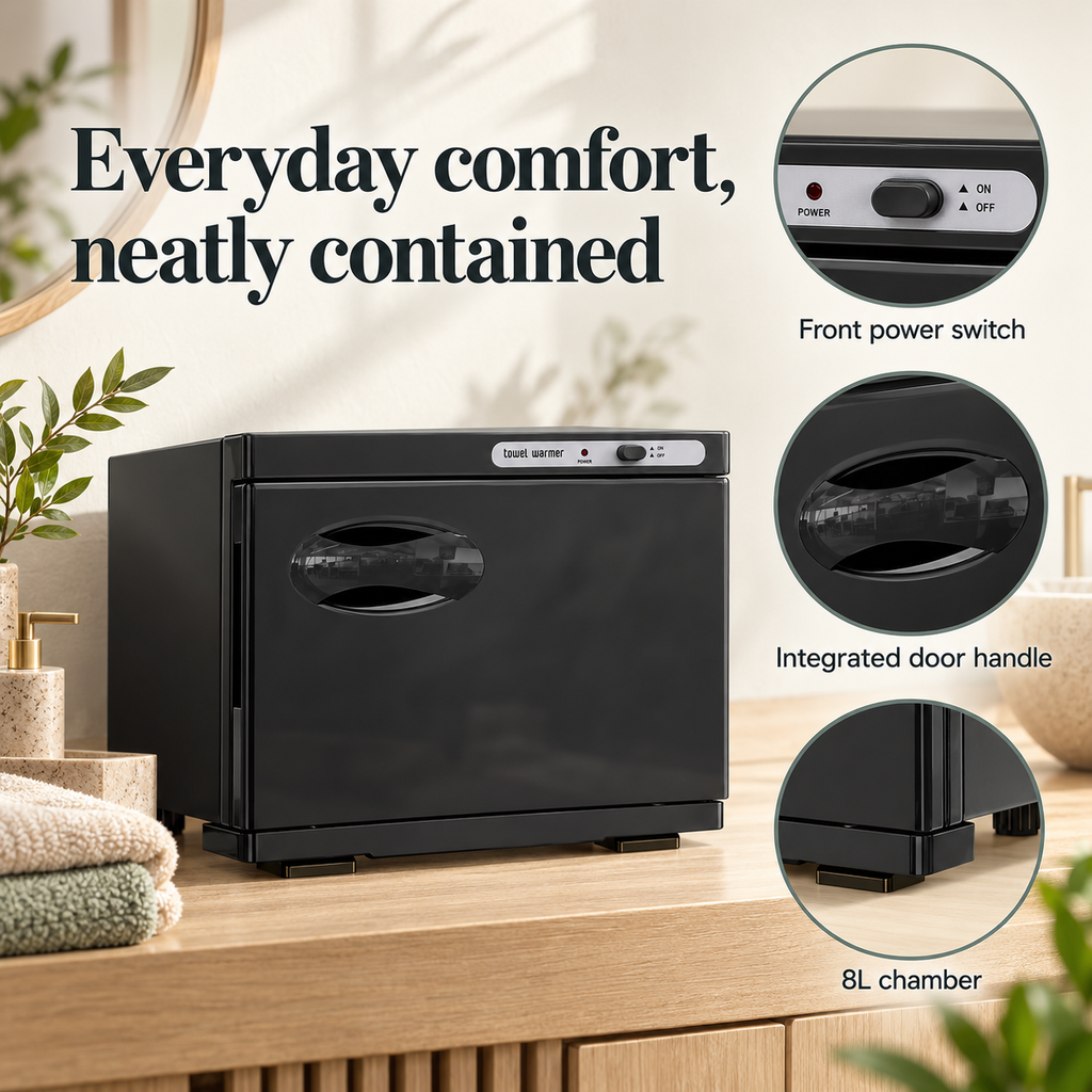 Horizontal Towel Warmer Cabinet — Everyday comfort, neatly contained; product information collage