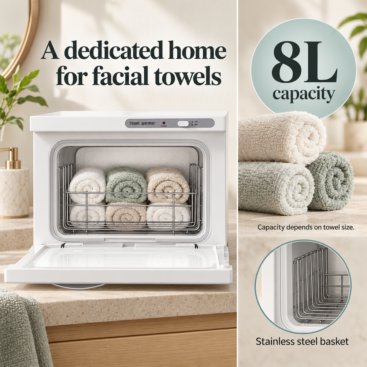 Horizontal Towel Warmer Cabinet — A dedicated home for facial towels; product information collage