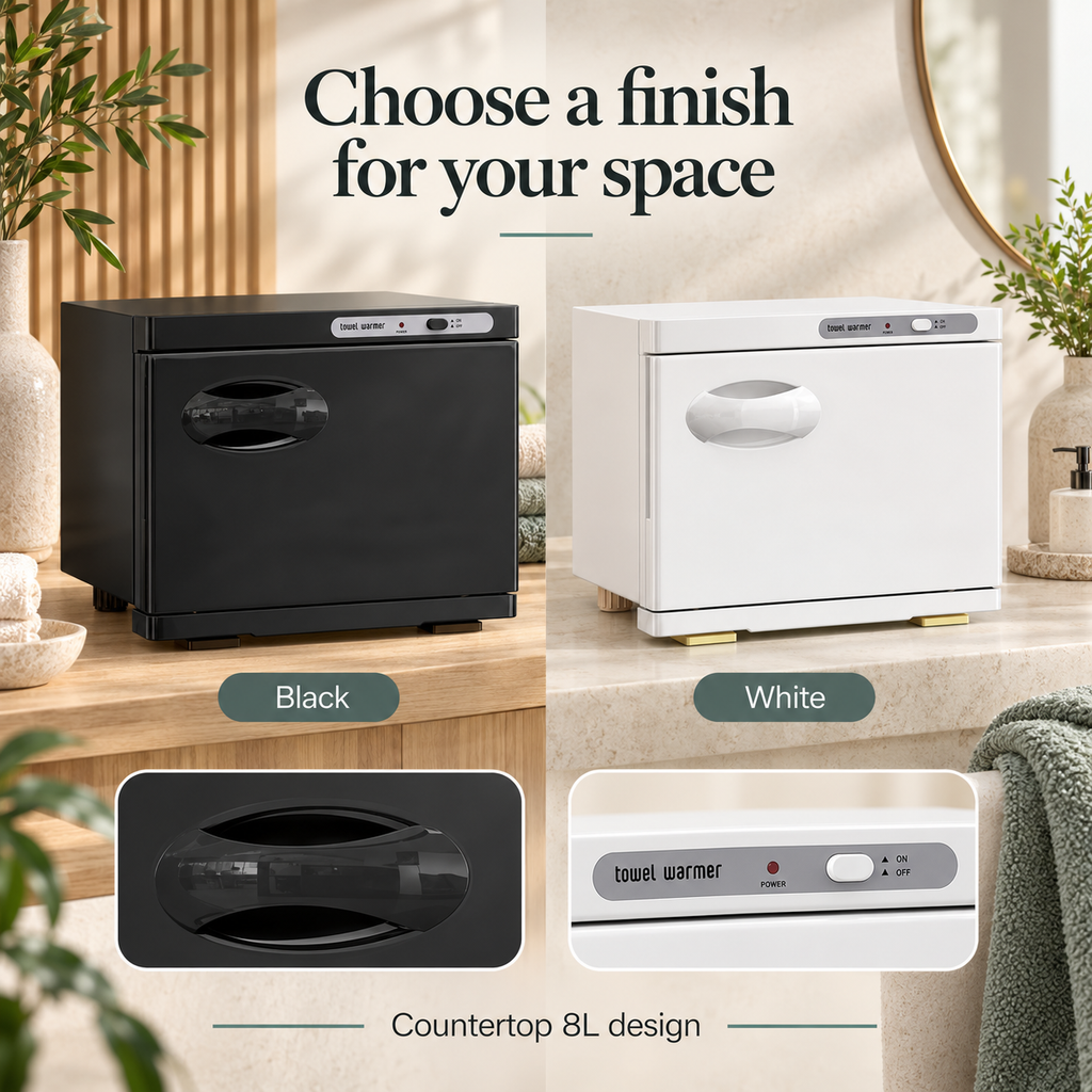 Horizontal Towel Warmer Cabinet — Choose a finish for your space; product information collage