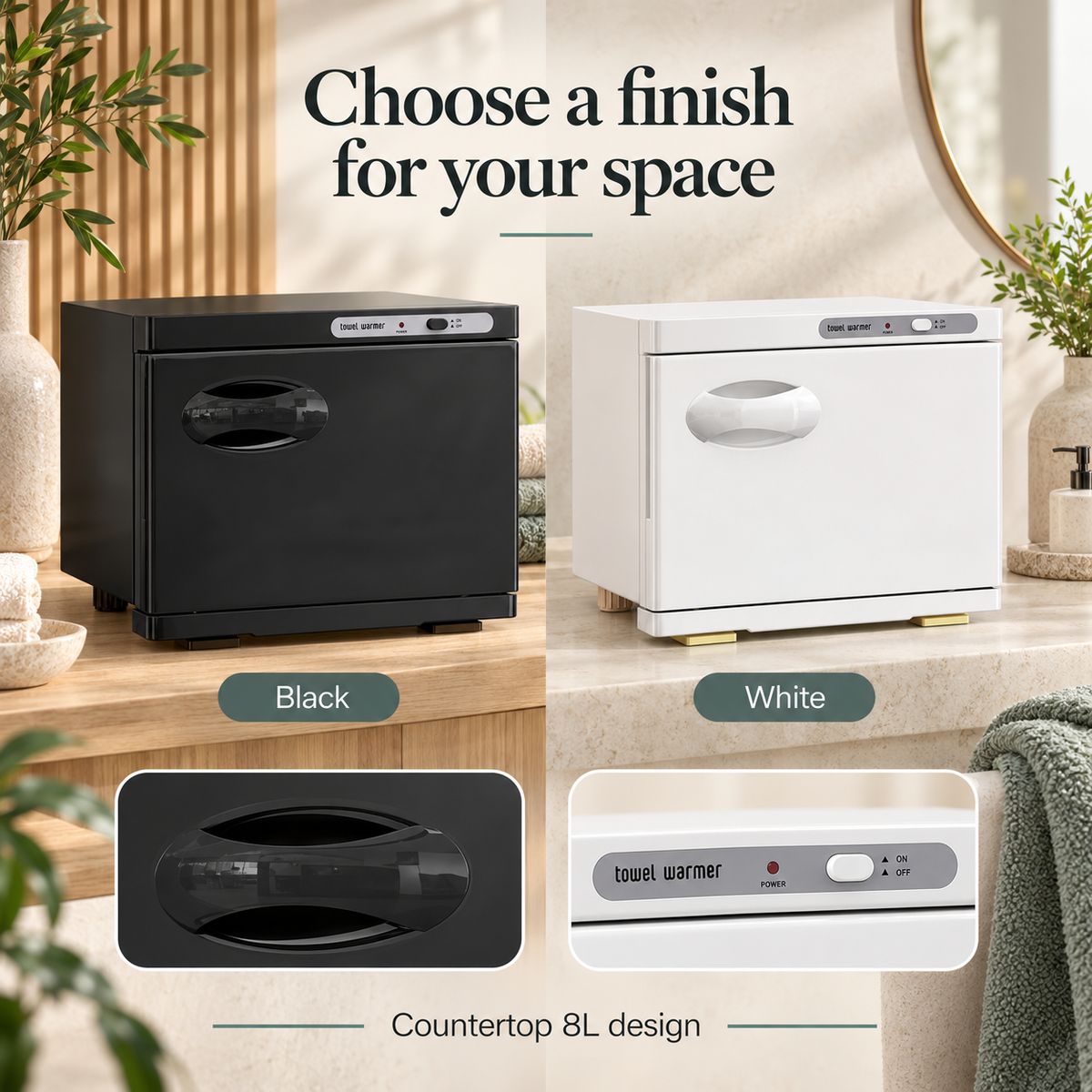 Horizontal Towel Warmer Cabinet — Choose a finish for your space; product information collage