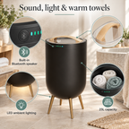 Bluetooth Towel Warmer Bucket — Sound, light & warm towels; product information collage
