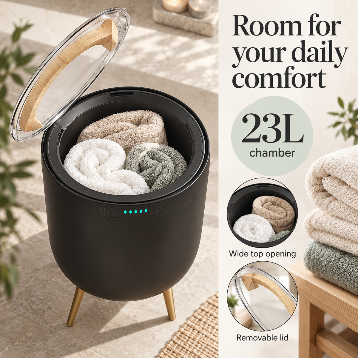 Bluetooth Towel Warmer Bucket — Room for your daily comfort; product information collage