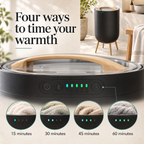 Bluetooth Towel Warmer Bucket — Four ways to time your warmth; product information collage