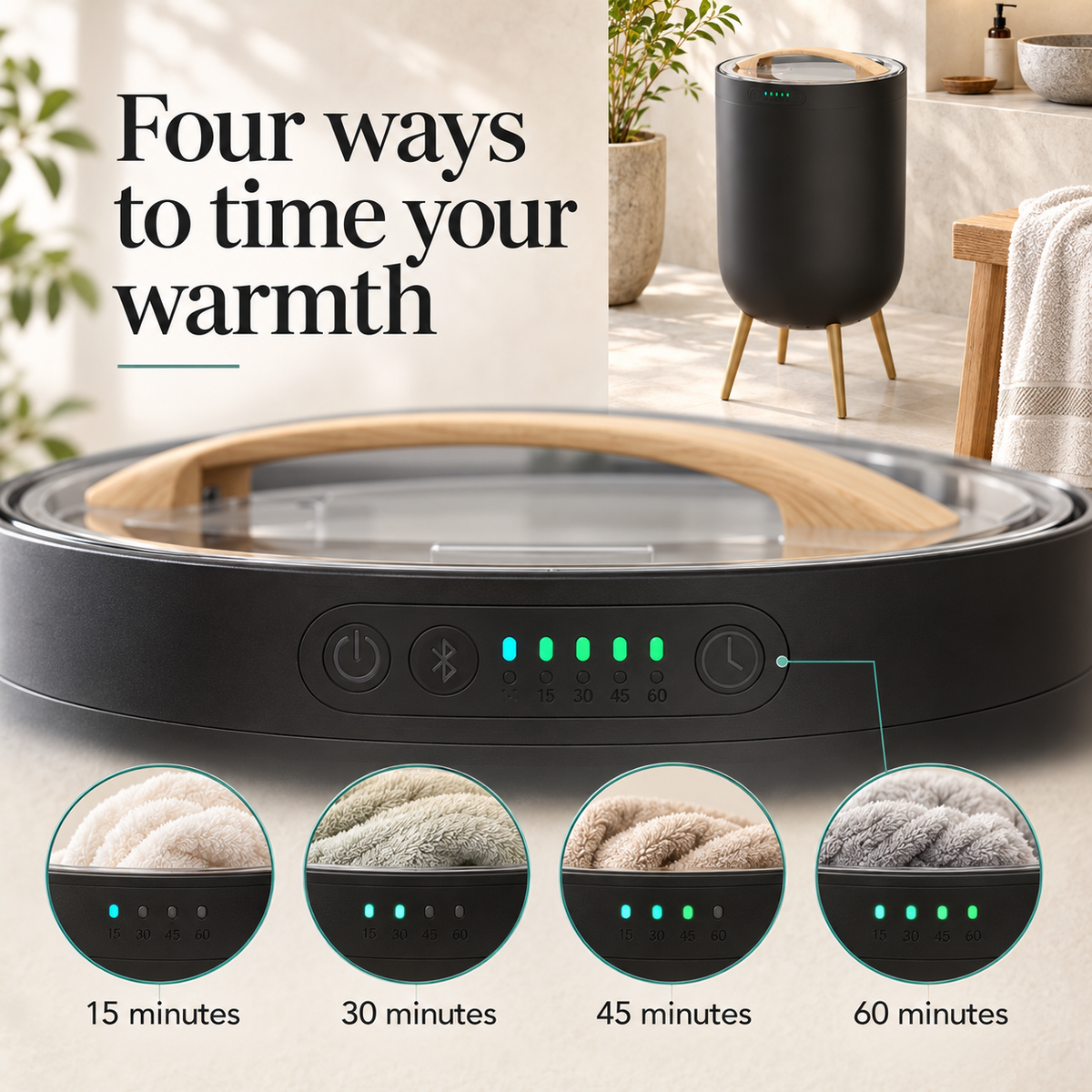 Bluetooth Towel Warmer Bucket — Four ways to time your warmth; product information collage