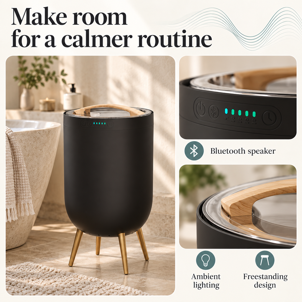 Bluetooth Towel Warmer Bucket — Make room for a calmer routine; product information collage