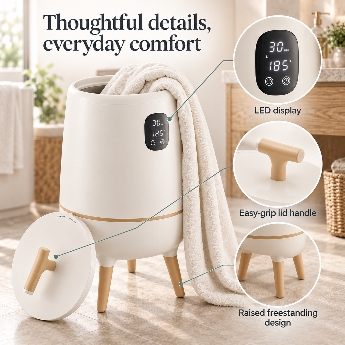 Towel Warmer Bucket With Legs — Thoughtful details, everyday comfort; product information collage