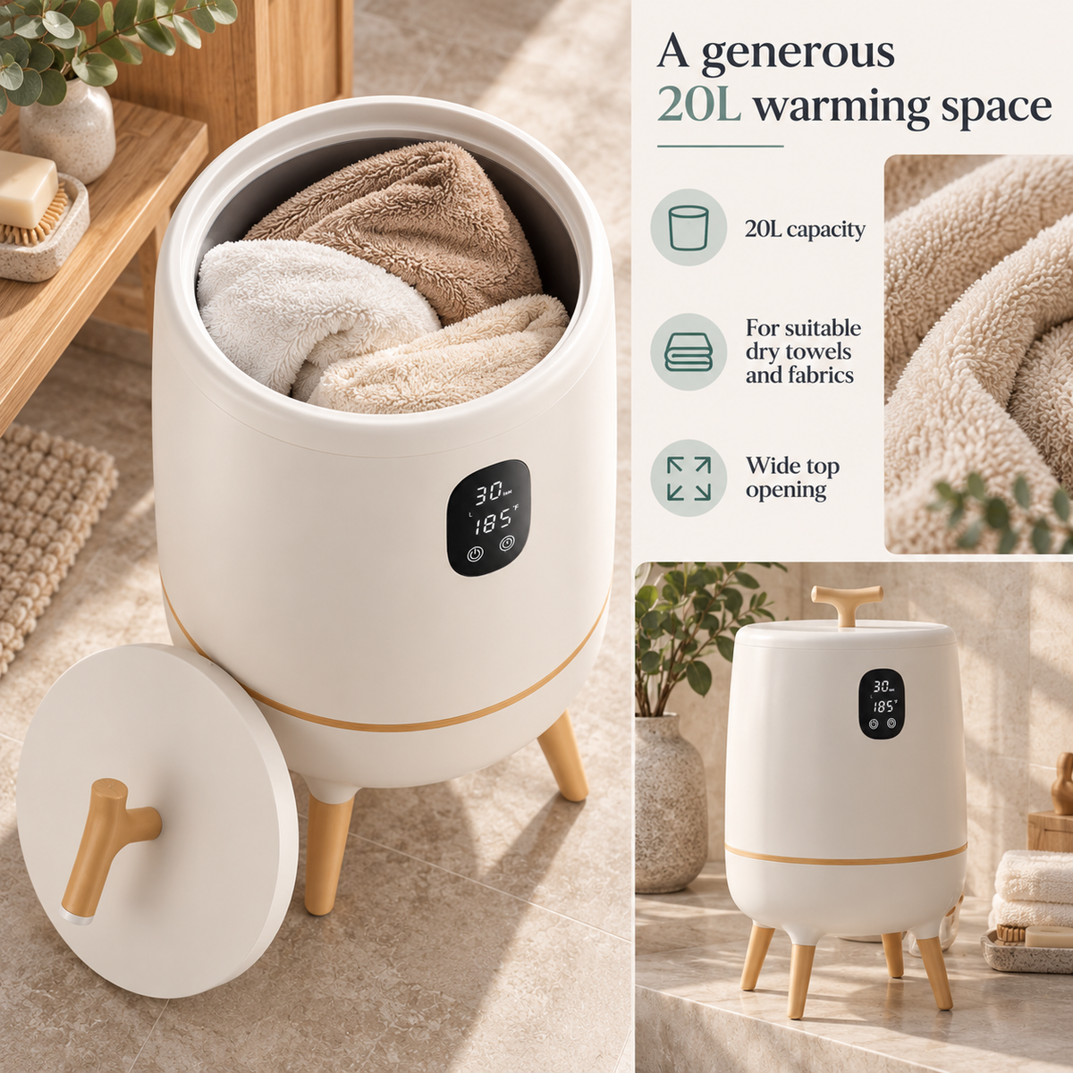 Towel Warmer Bucket With Legs — A generous 20L warming space; product information collage