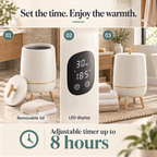 Towel Warmer Bucket With Legs — Set the time. Enjoy the warmth.; product information collage