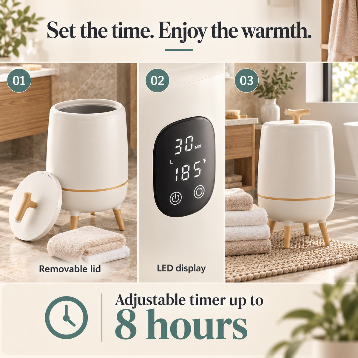 Towel Warmer Bucket With Legs — Set the time. Enjoy the warmth.; product information collage