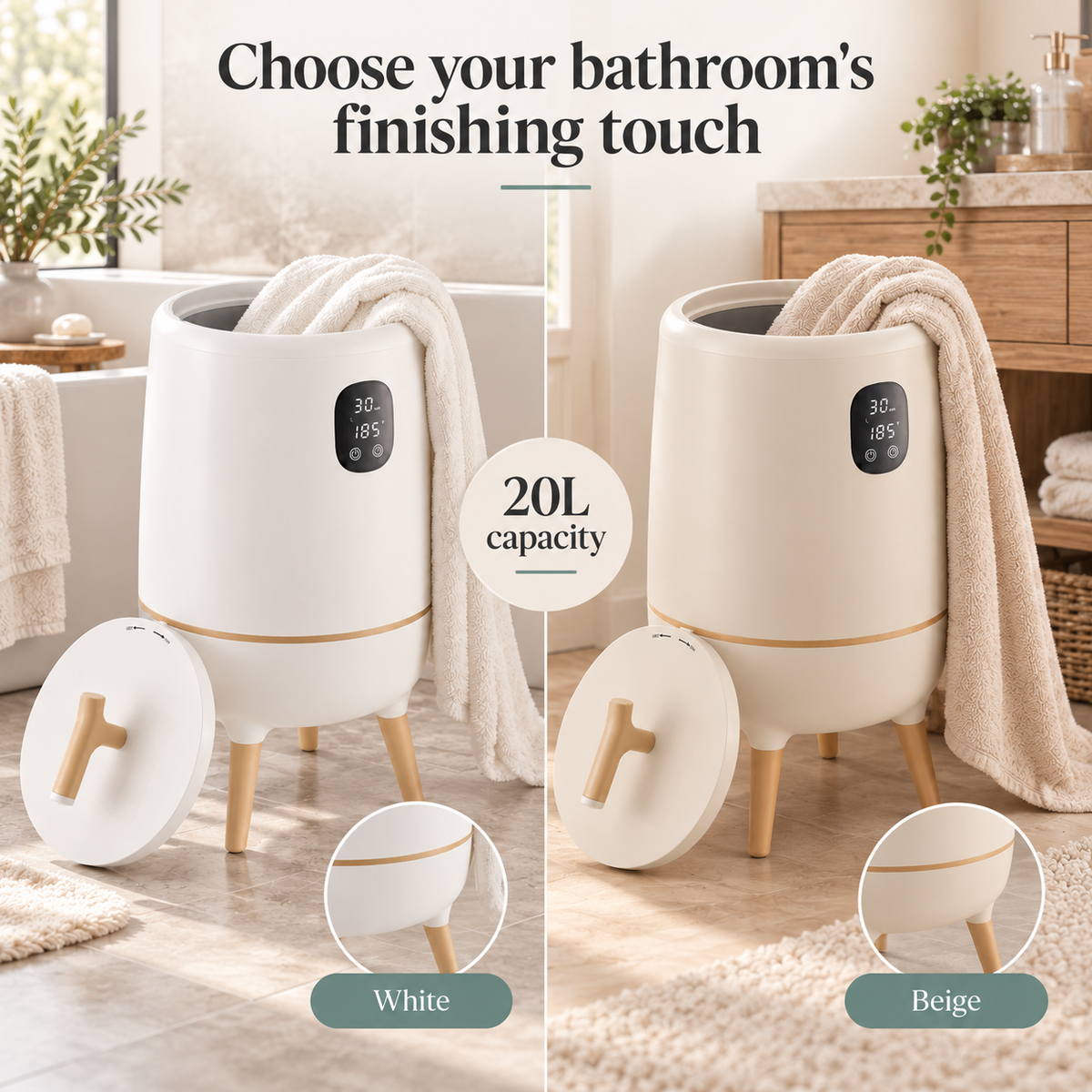 Towel Warmer Bucket With Legs — Choose your bathroom's finishing touch; product information collage