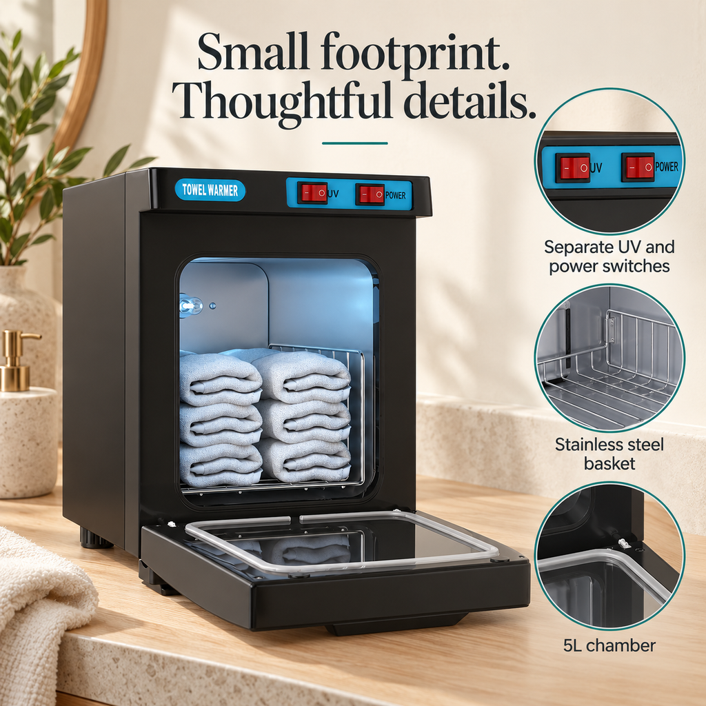 Compact Towel Warmer Cabinet — Small footprint. Thoughtful details.; product information collage