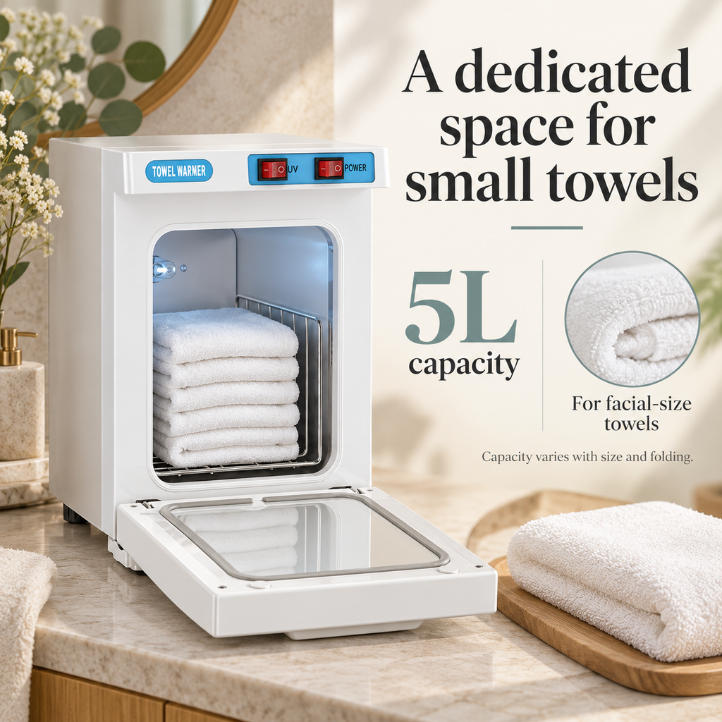 Compact Towel Warmer Cabinet — A dedicated space for small towels; product information collage