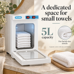 Compact Towel Warmer Cabinet — A dedicated space for small towels; product information collage
