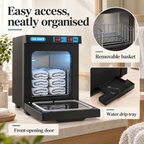 Compact Towel Warmer Cabinet — Easy access, neatly organised; product information collage