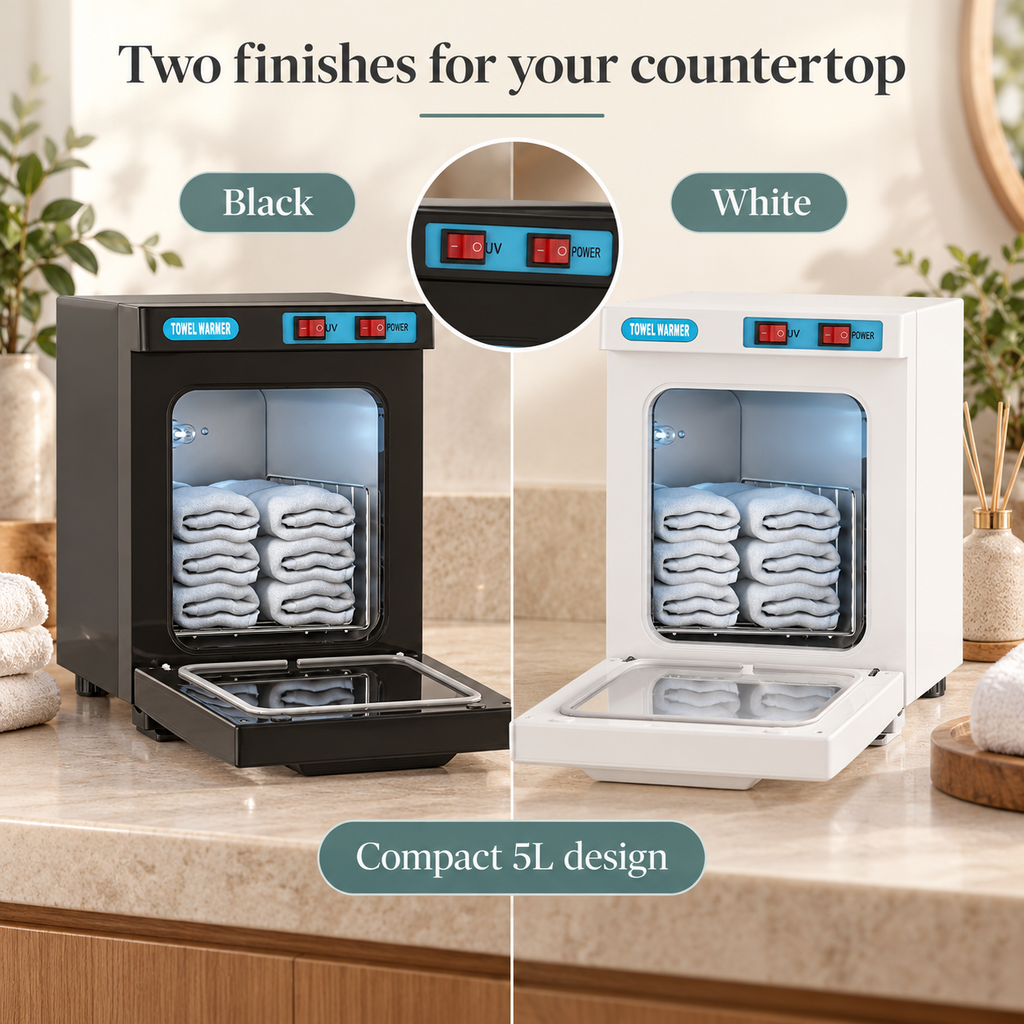 Compact Towel Warmer Cabinet — Two finishes for your countertop; product information collage