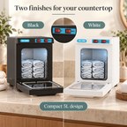 Compact Towel Warmer Cabinet — Two finishes for your countertop; product information collage