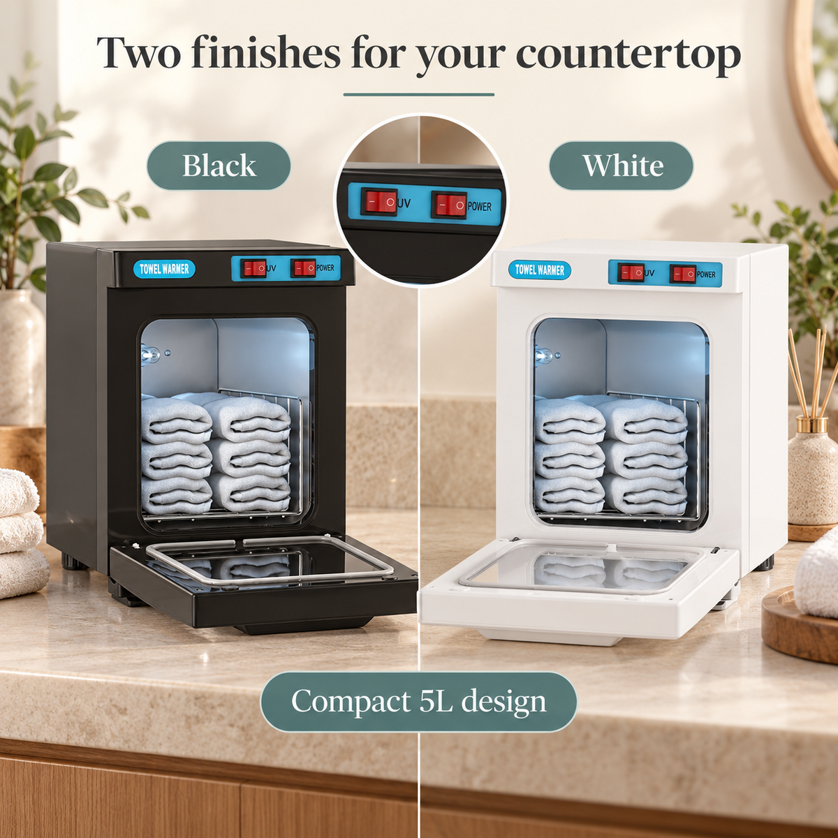 Compact Towel Warmer Cabinet — Two finishes for your countertop; product information collage