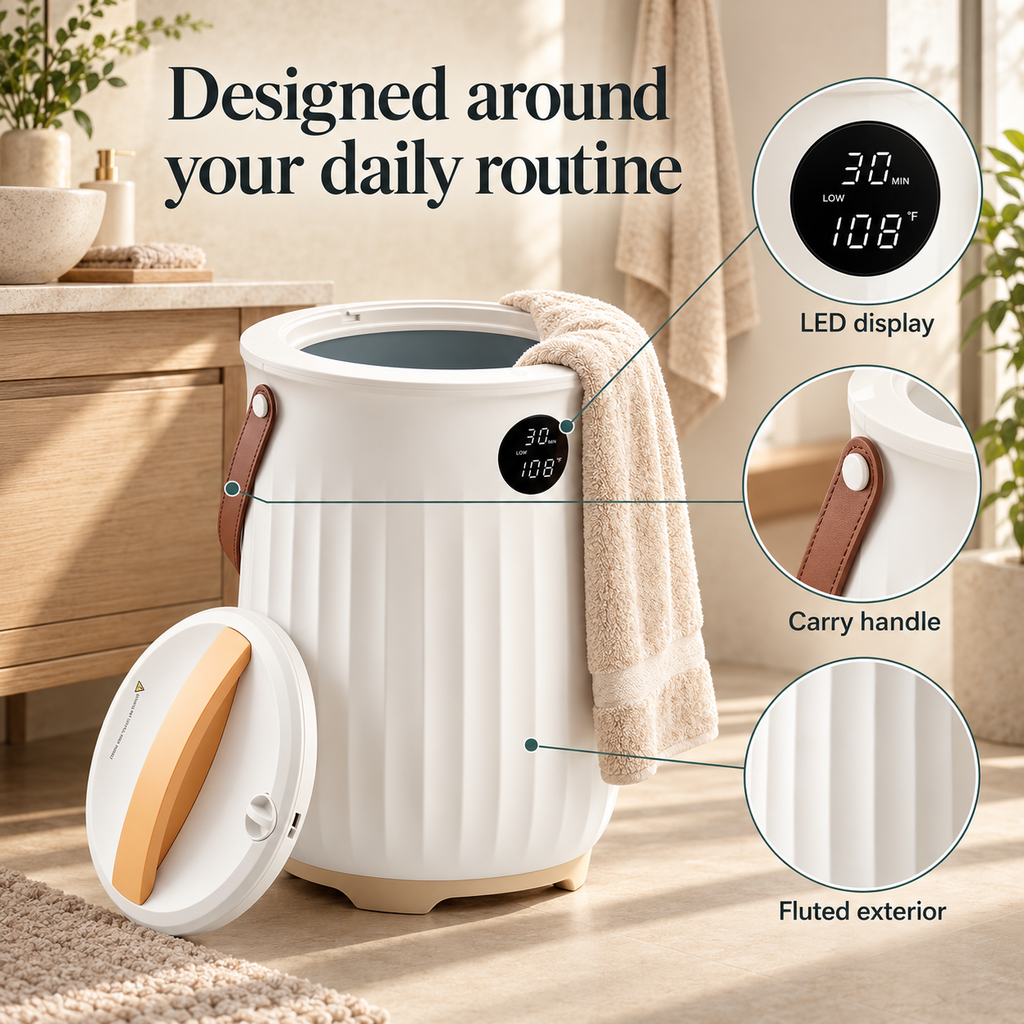 Fluted Towel Warmer Bucket — Designed around your daily routine; product information collage