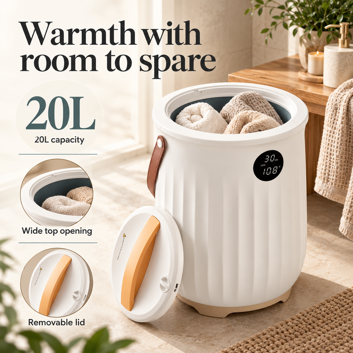 Fluted Towel Warmer Bucket — Warmth with room to spare; product information collage