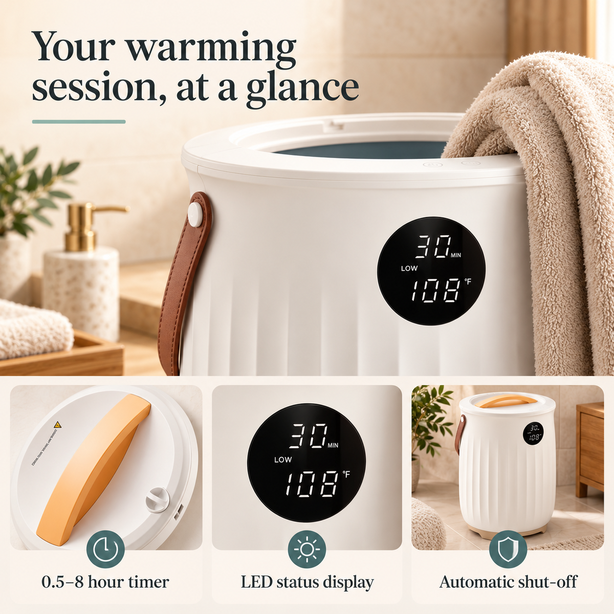 Fluted Towel Warmer Bucket — Your warming session, at a glance; product information collage
