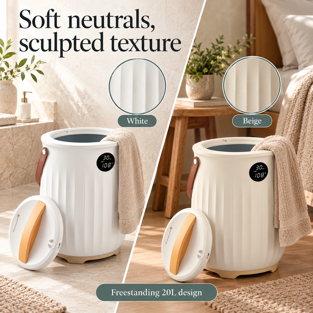 Fluted Towel Warmer Bucket — Soft neutrals, sculpted texture; product information collage