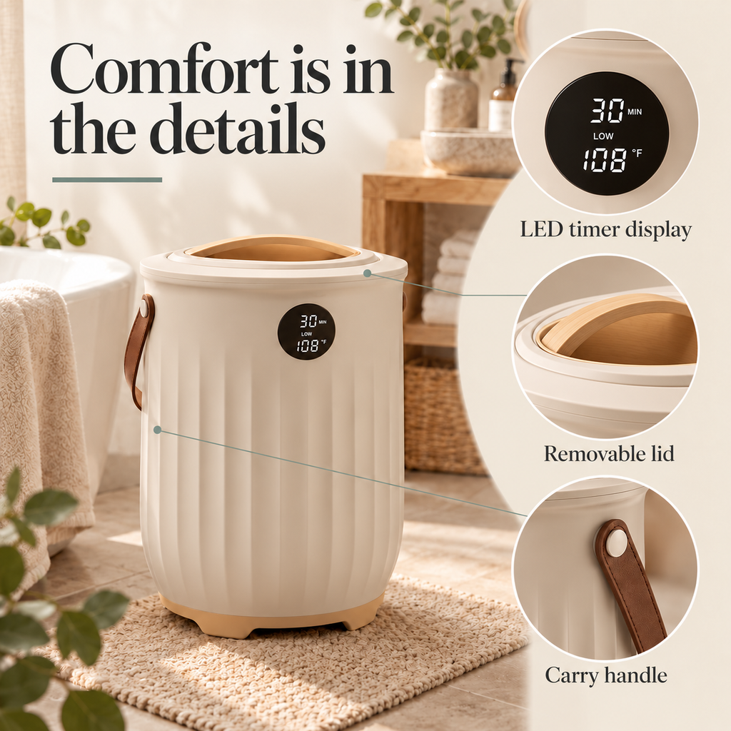 Aroma Towel Warmer Bucket — Comfort is in the details; product information collage