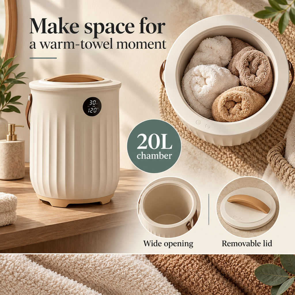 Aroma Towel Warmer Bucket — Make space for a warm-towel moment; product information collage
